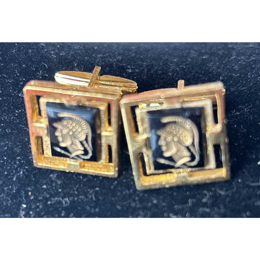 Vintage Gold Toned Roman soldier Cufflinks Black Gold Frame